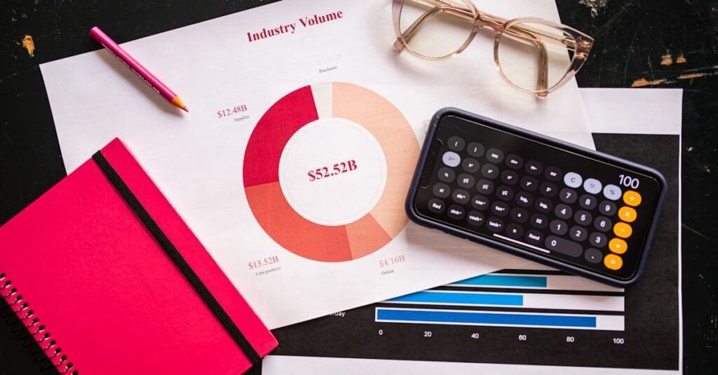Stock photo of business charts, calculator, and eyeglasses on a desk.