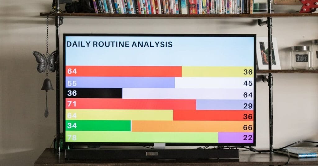 A television display showing a colorful bar chart of daily routine analysis.