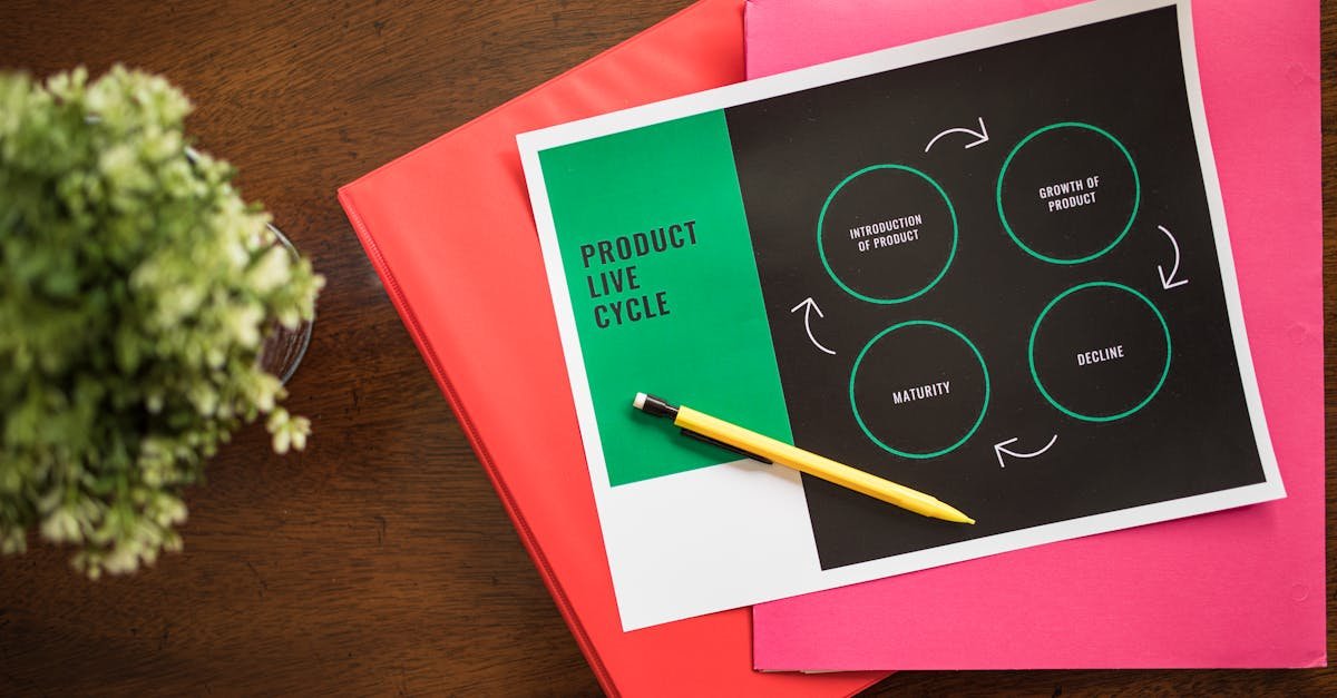 Flat lay of a product lifecycle illustration with a pencil and folders, ideal for business presentations.