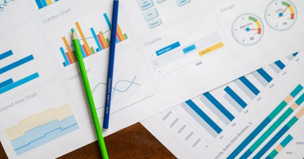 Flat lay of various business charts and colored pencils on wooden table, highlighting financial analysis.