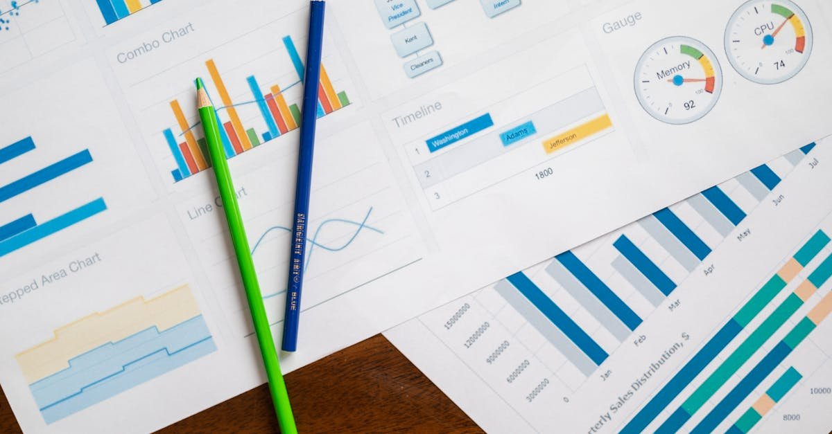 Flat lay of various business charts and colored pencils on wooden table, highlighting financial analysis.