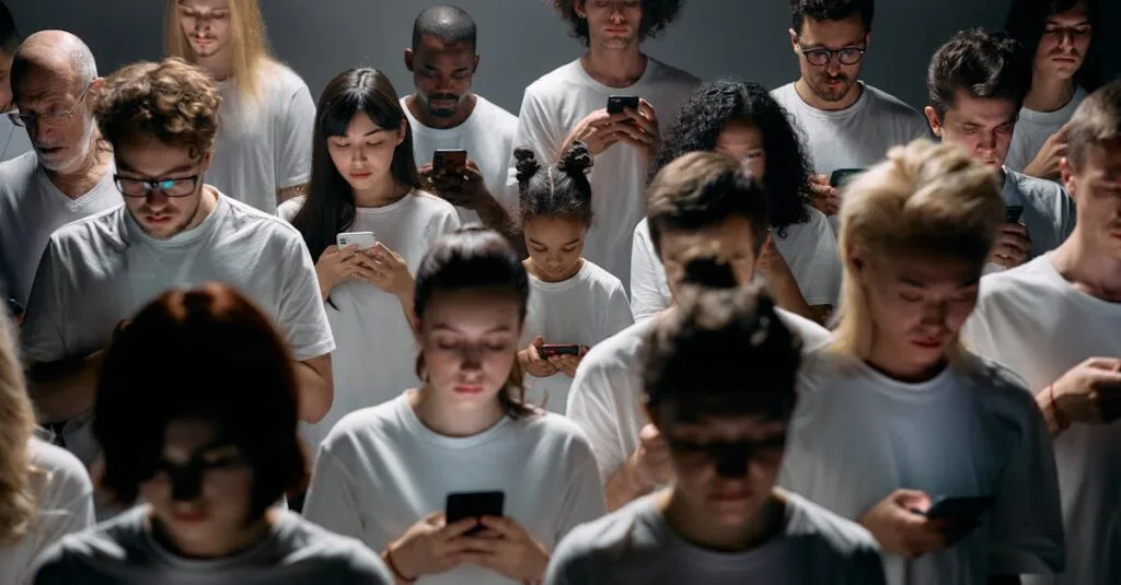 A diverse crowd of people using smartphones, highlighting modern social connections and isolation.