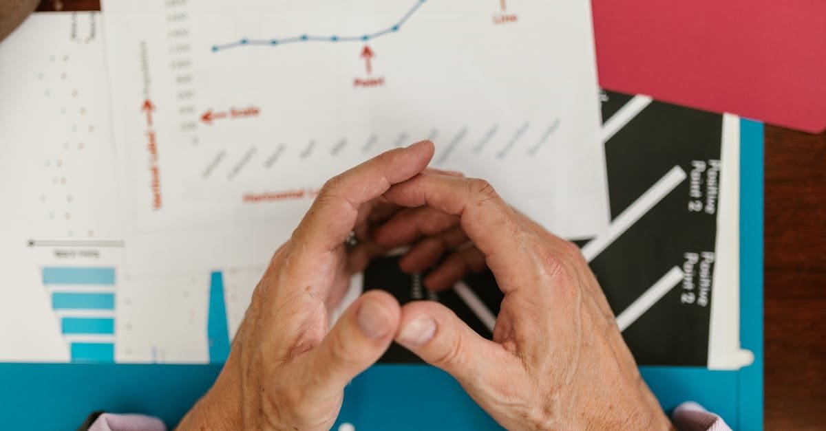 Hands examining financial graphs and charts on a wooden desk, indicative of business planning.