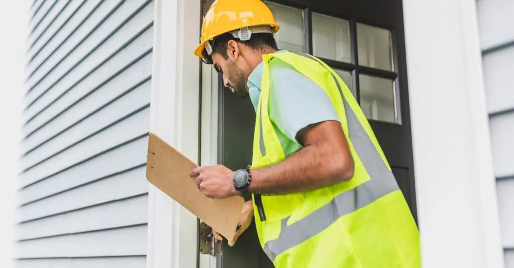 A male inspector in a hard hat conducts a property inspection outdoors with a clipboard.