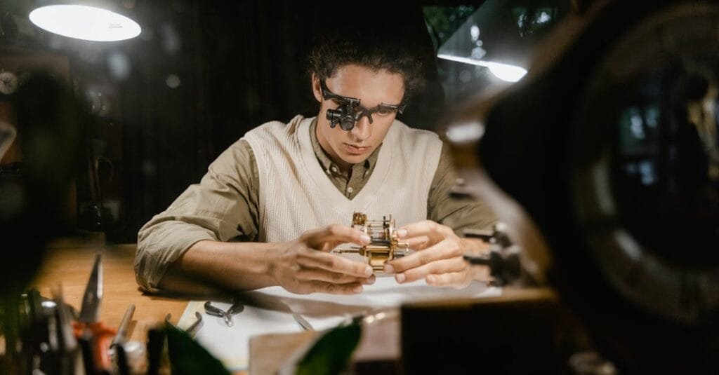 A focused watchmaker uses precision tools to repair a timepiece in a dimly lit workshop, highlighting craftsmanship.