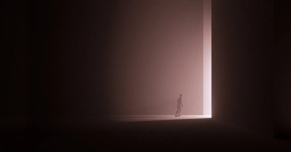 A silhouette walks through a bright doorway, creating a surreal and mysterious atmosphere.