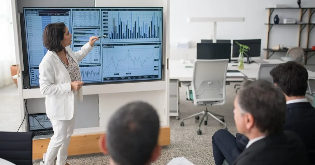 A woman presents data on a screen to a group of colleagues in an open office environment.