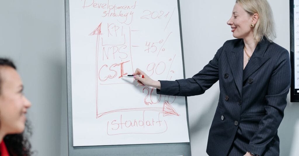 Professional woman delivering a business presentation on market strategy metrics indoors.