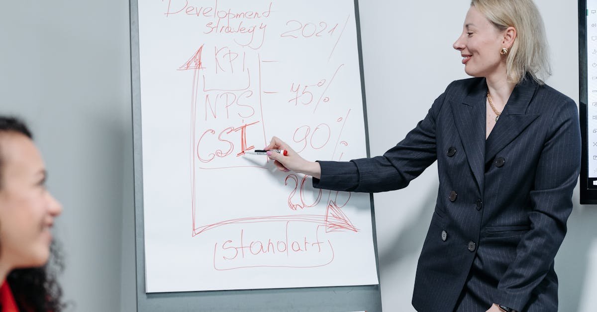 Professional woman delivering a business presentation on market strategy metrics indoors.