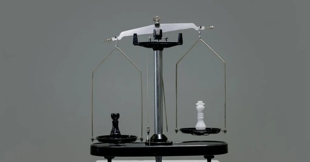 Chess pieces balanced on a scale depicting equality or strategy in decision making.