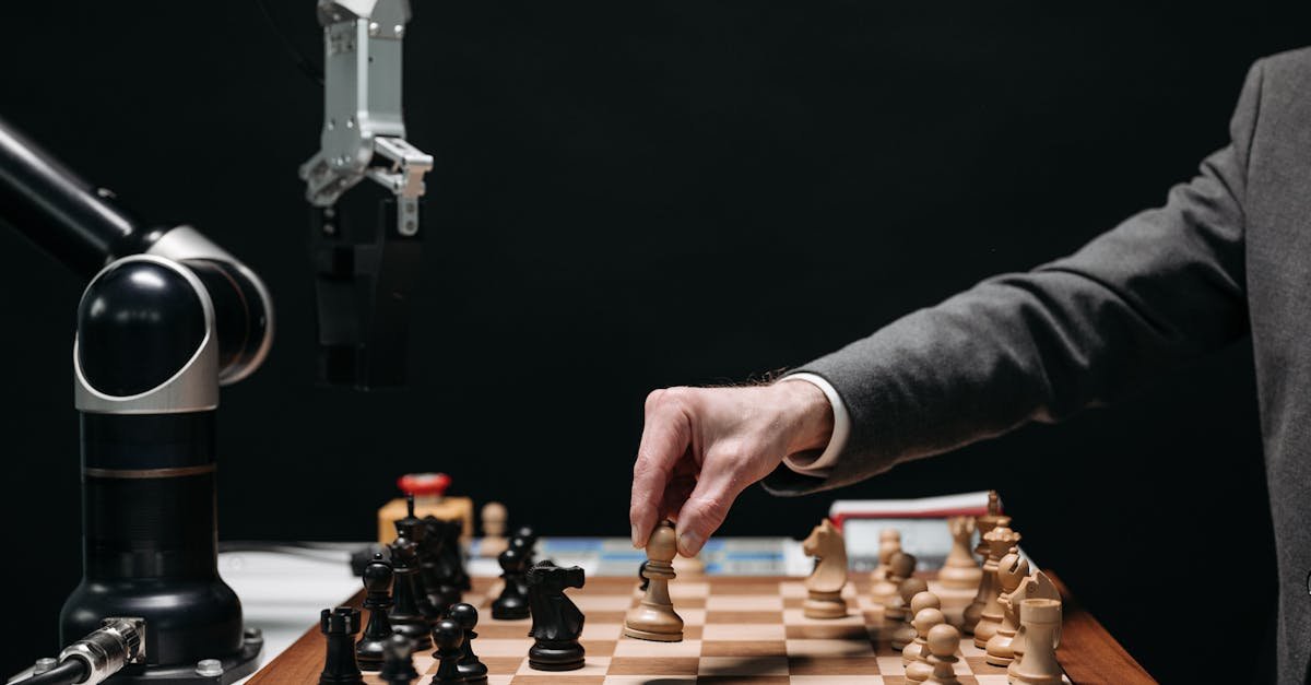 A robotic arm plays chess against a human, symbolizing AI innovation and strategy.
