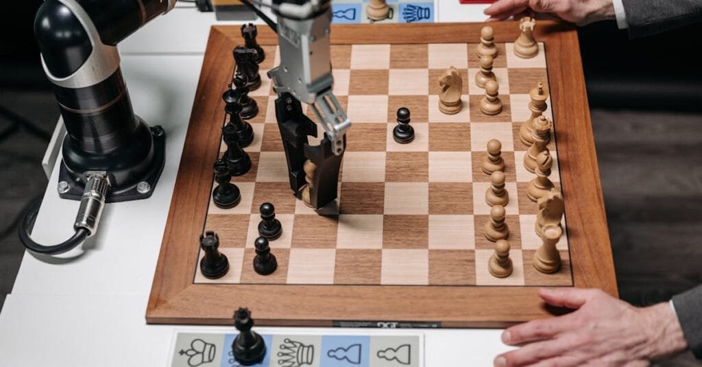 A robotic arm playing chess against a human hand on an electronic chessboard indoors.
