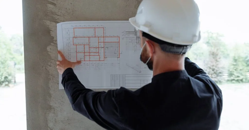 Engineer in hardhat reviewing architectural floor plans at construction site.
