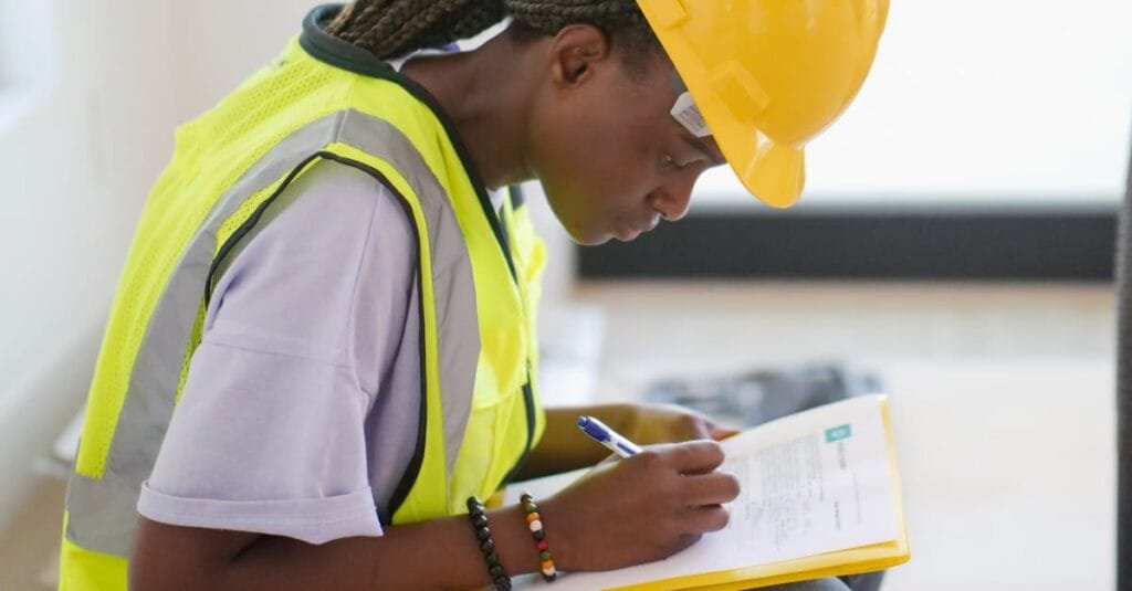 Focused female engineer in a safety helmet and vest writing on a clipboard indoors.