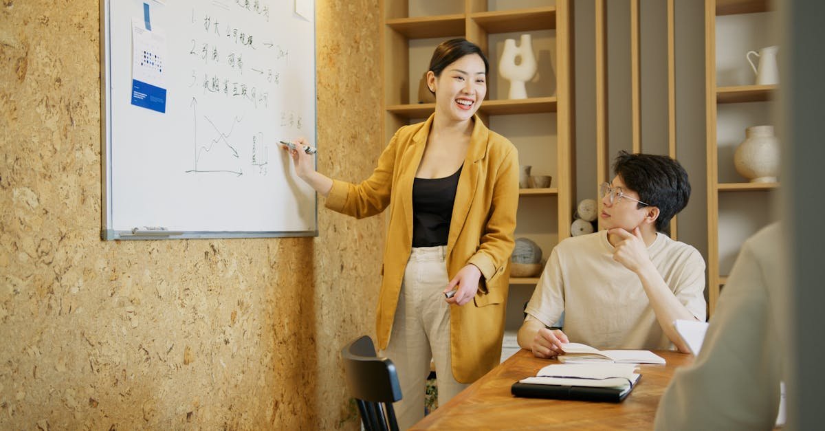 A diverse team discussing strategies in a modern office setting, focusing on whiteboard presentations.