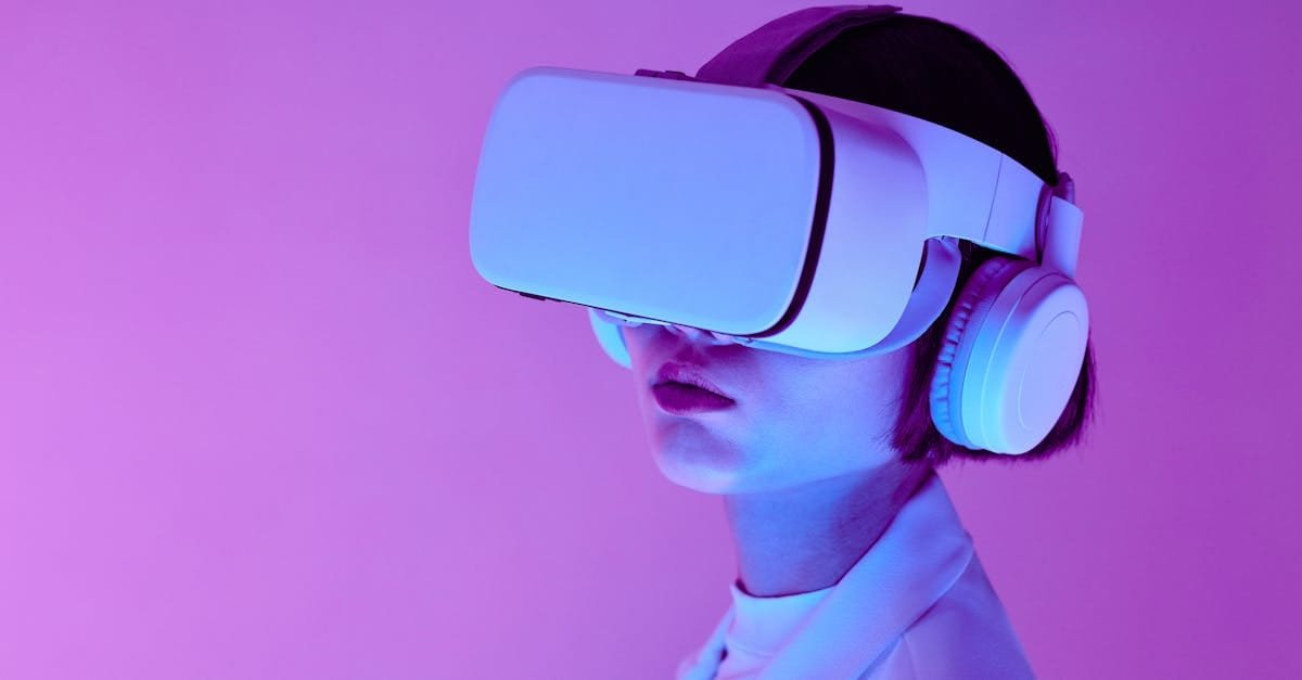 Woman explores virtual reality with VR goggles in modern studio light.