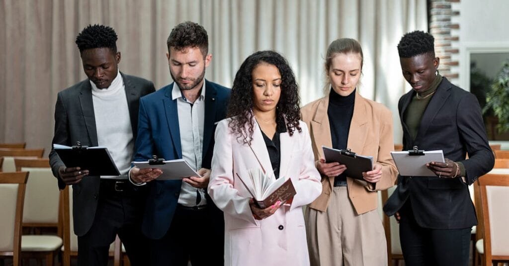 A group of diverse professionals reviewing documents in an office setting.