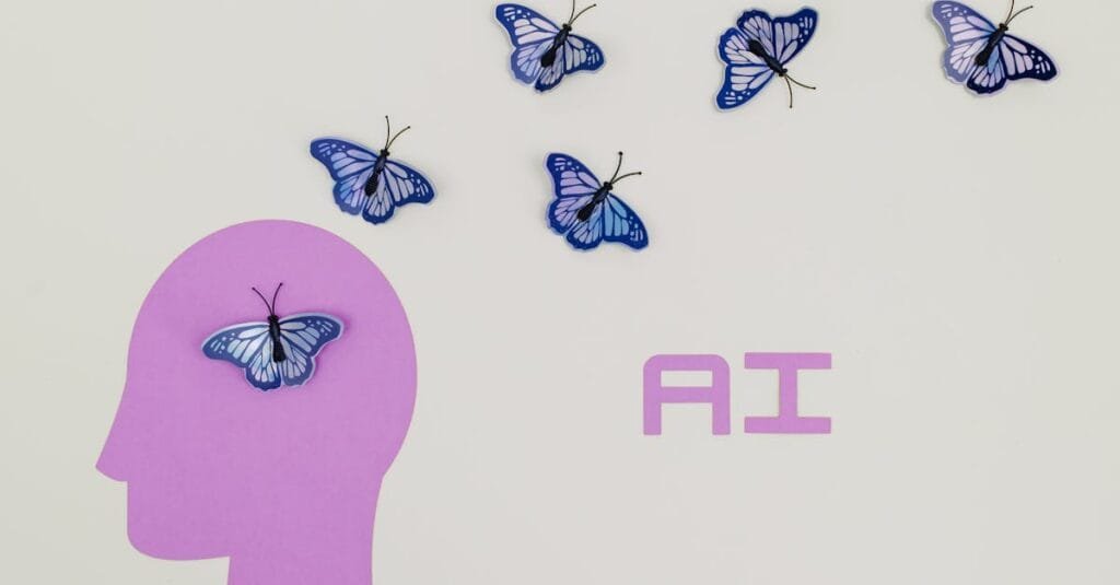 Surreal AI conceptual art featuring butterflies and a human head silhouette in a minimalistic style.