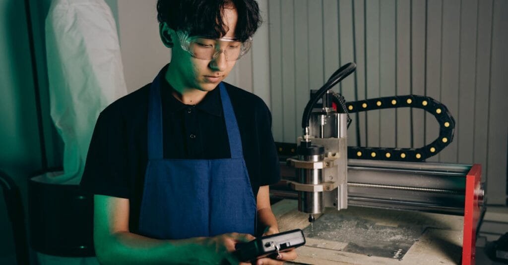 An engineer wearing safety glasses operates advanced machinery in a workshop setting.