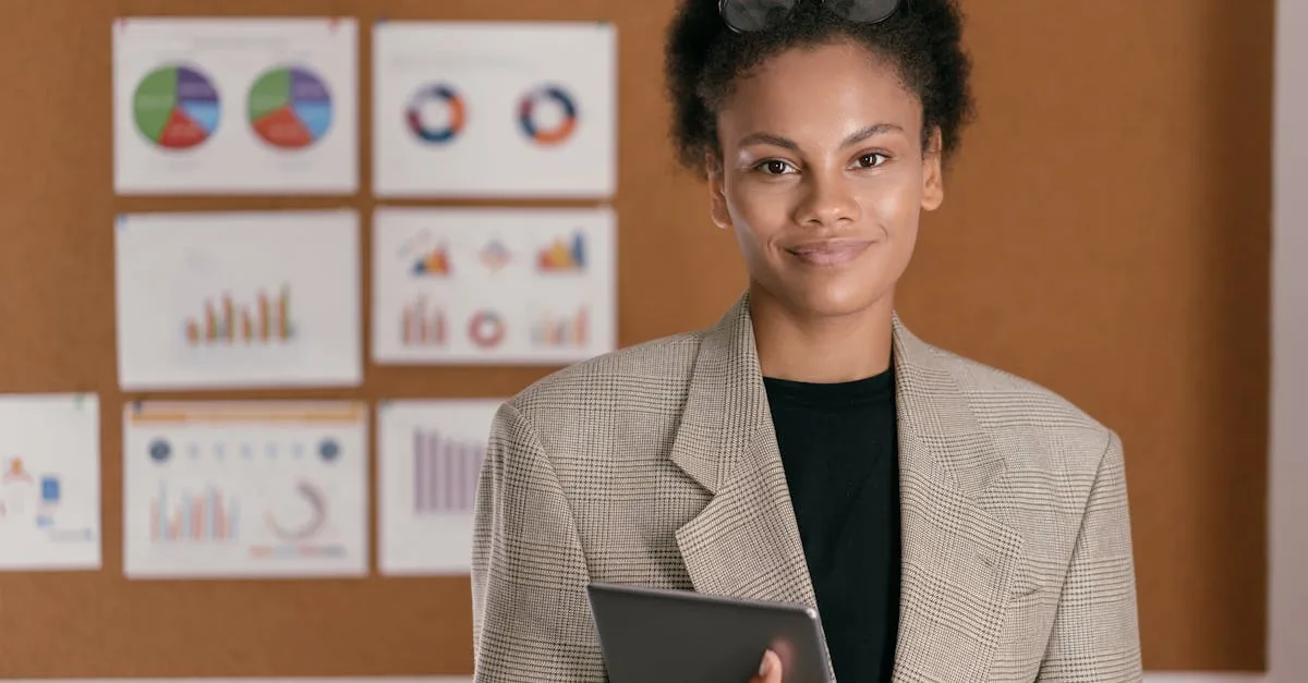Confident woman in blazer with tablet standing in front of charts, conveying professional success.