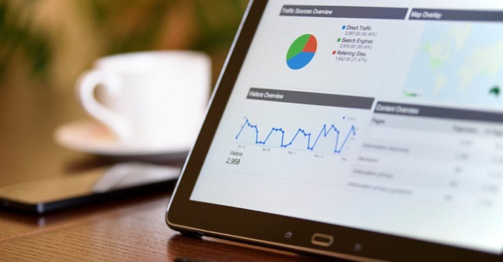 Close-up of a tablet displaying analytics charts on a wooden office desk, alongside a smartphone and coffee cup.