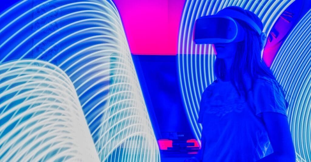 Person immersed in virtual reality with bright neon lights showcasing a futuristic experience.
