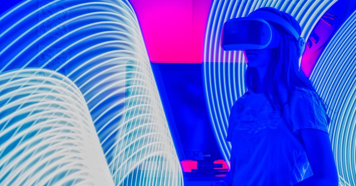 Person immersed in virtual reality with bright neon lights showcasing a futuristic experience.