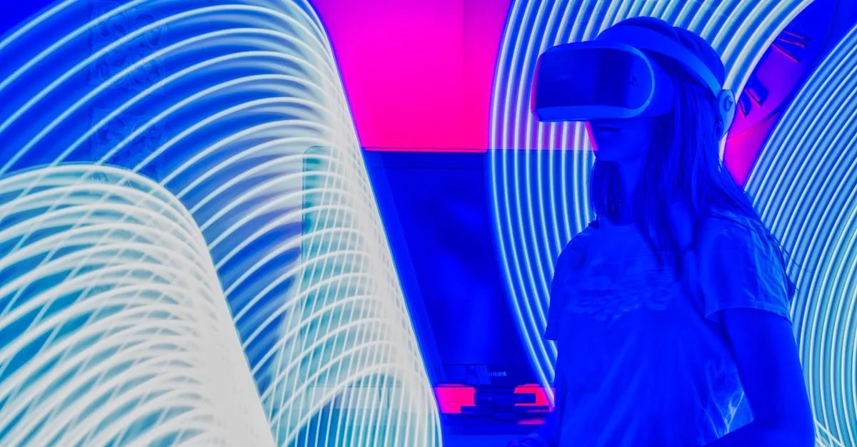 Person immersed in virtual reality with bright neon lights showcasing a futuristic experience.