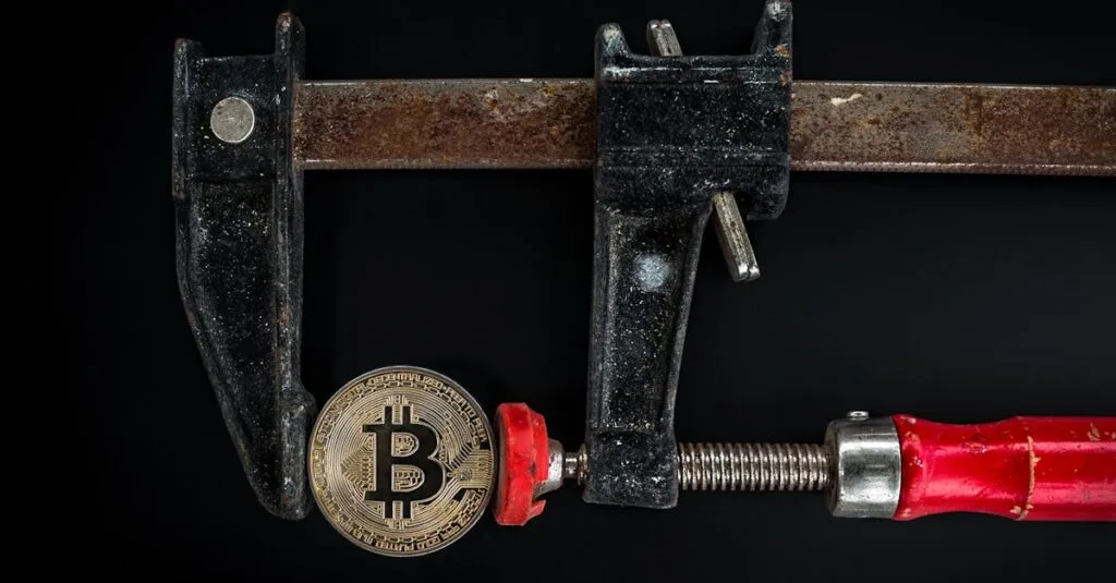 Conceptual image of cryptocurrency represented by a Bitcoin secured in a rusty clamp.