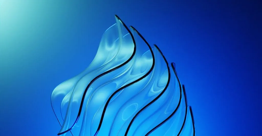 Artistic abstract render featuring blue curving glass shapes on a blue background.