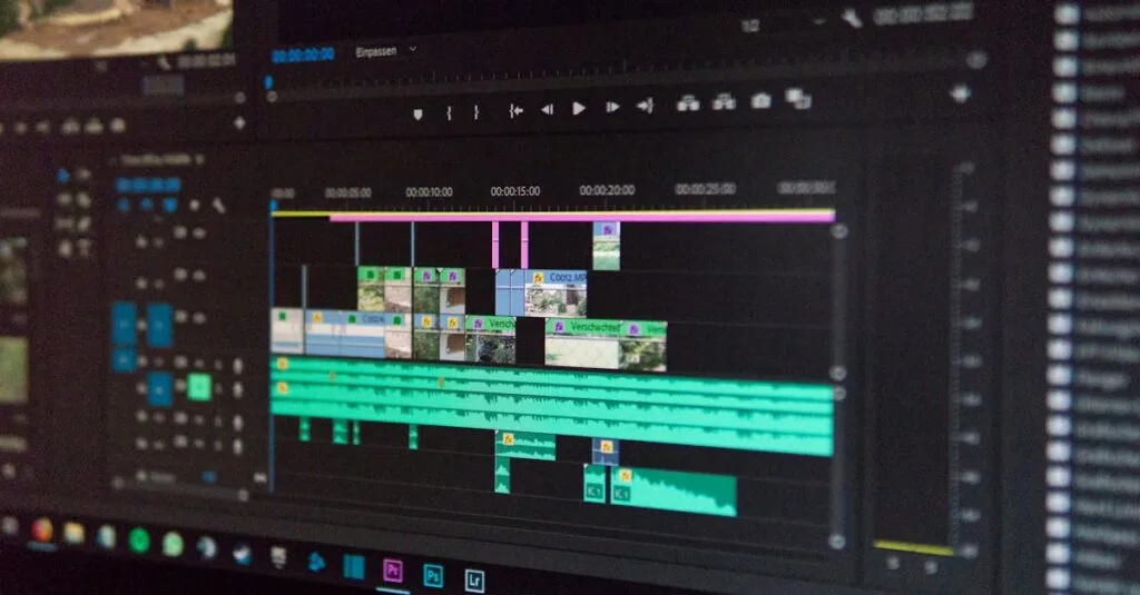 Close-up of a video editing timeline interface on a computer screen, showcasing professional software in action.