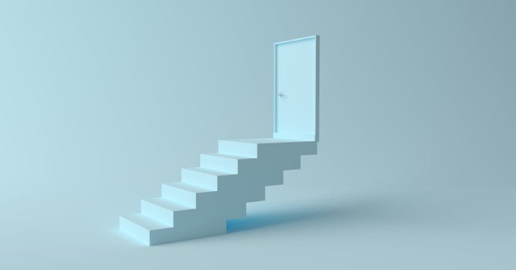 A minimalist 3D render of stairs leading to a door on a light blue background.