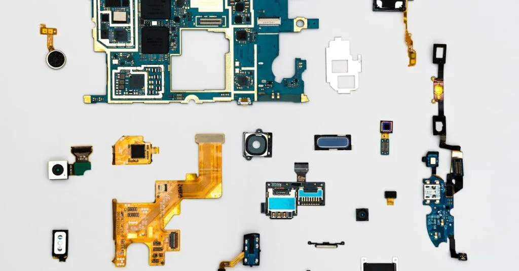 Exploded view of smartphone components showcasing intricate technological design.