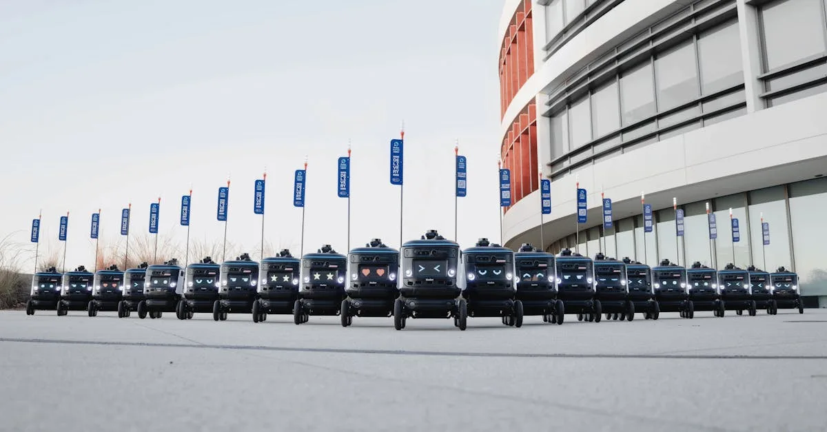 A fleet of delivery robots aligned outside a modern building, illustrating futuristic technology.