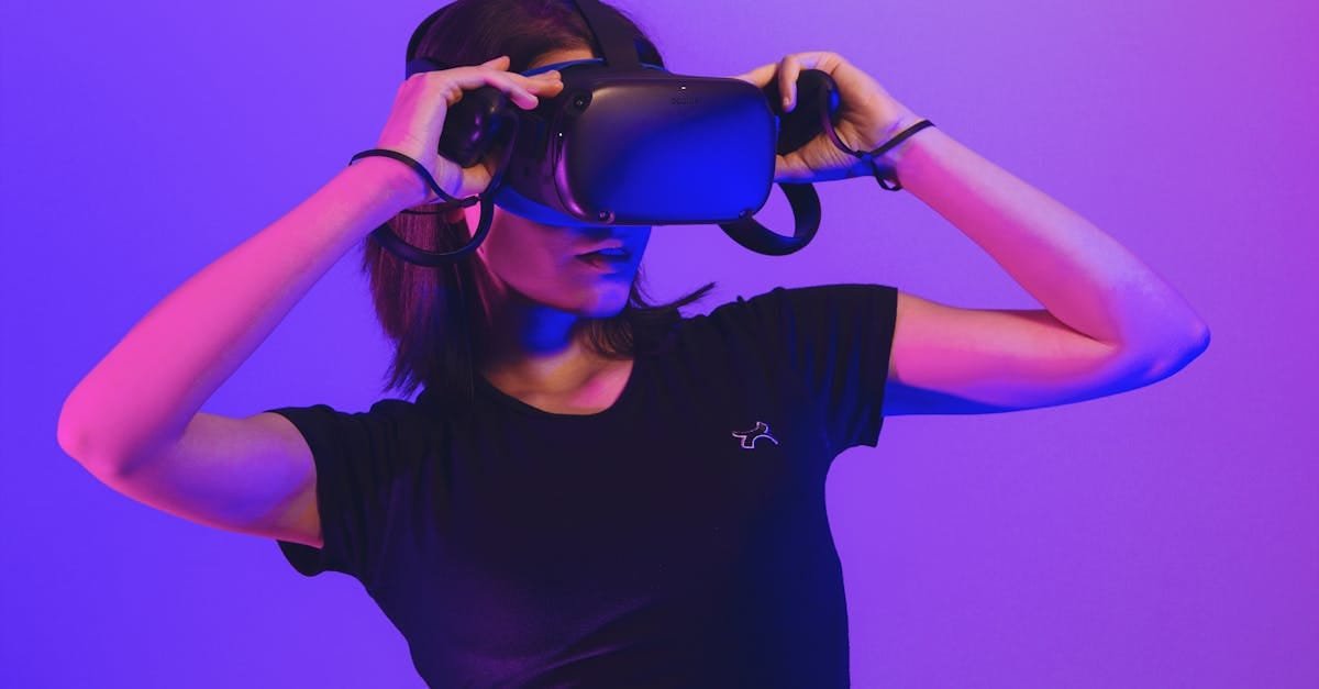 Woman wearing virtual reality headset immersed in a vibrant neon-lit gaming experience.