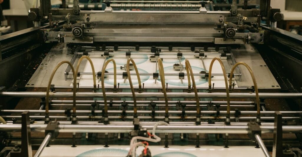 Close-up of an industrial printing press producing designs.