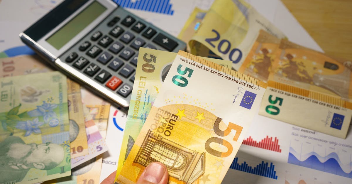 Euro and Romanian Lei currency with calculator on a financial desk setup.