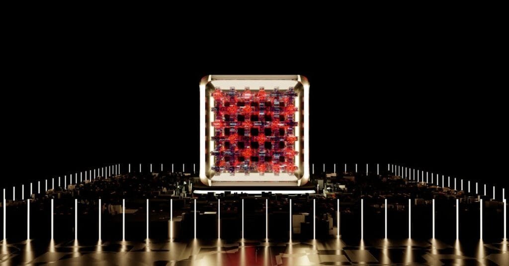 Abstract representation of a futuristic digital processor with glowing elements.