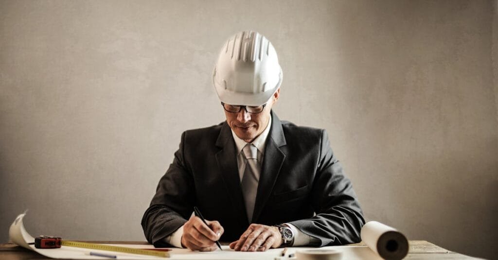 Engineer in a suit drafting architectural plans at a desk indoors.