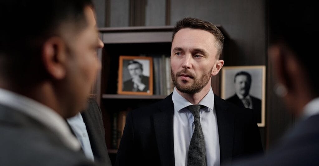 Group of men in suits having a serious business discussion in a professional setting.