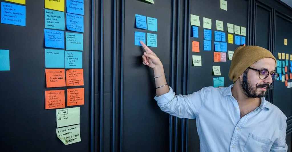 Bearded entrepreneur points at sticky notes during a business strategy session.