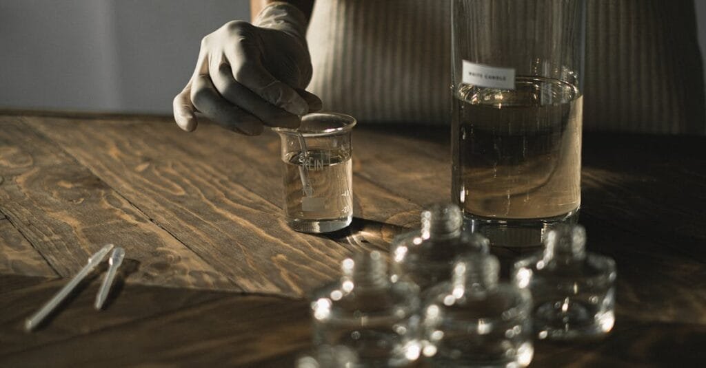 Crop anonymous female in latex gloves making fluid for perfume among glass jars on wooden table
