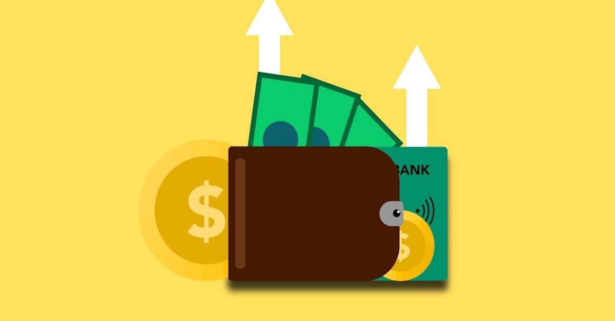 Illustration of wallet with cash, coins, and credit card on yellow background.