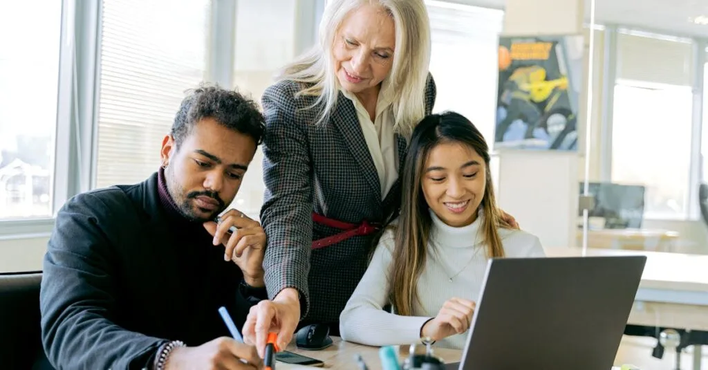 An adult team collaborating in an office environment, focusing on teamwork and diversity.