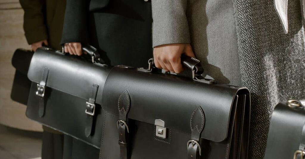 Group of adults holding sleek leather briefcases in formal business attire, emphasizing corporate professionalism.