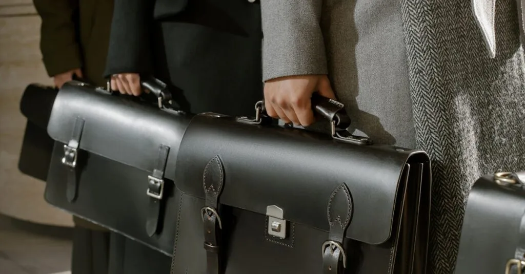 Group of adults holding sleek leather briefcases in formal business attire, emphasizing corporate professionalism.