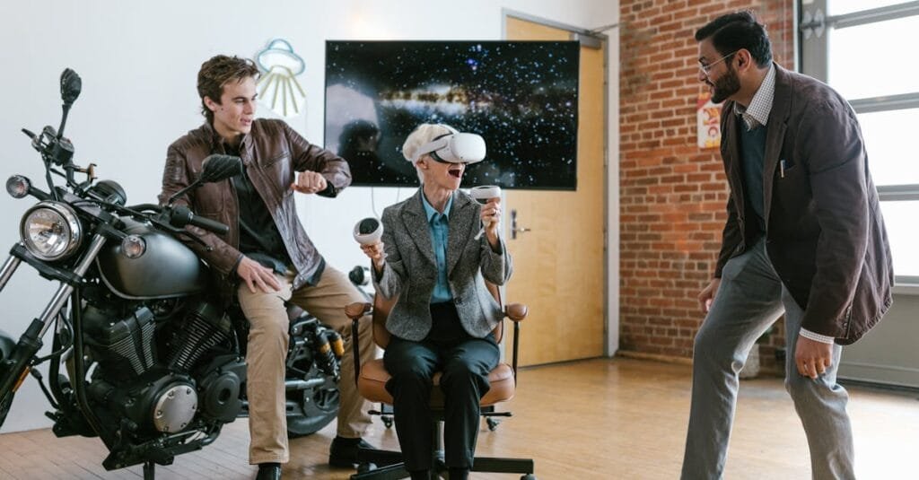 Three individuals enjoying a virtual reality experience in a modern indoor setting.
