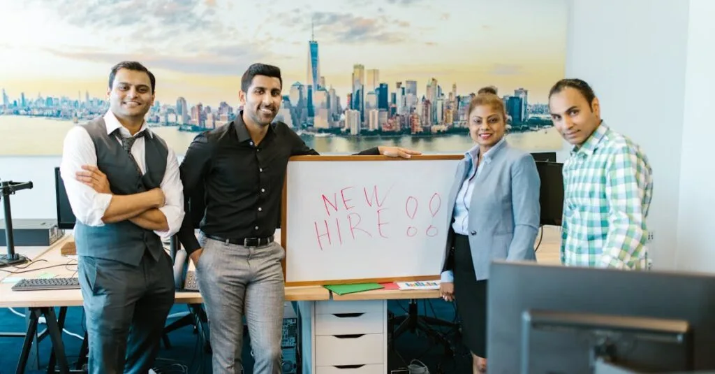 Diverse team standing with 'New Hire' sign, symbolizing collaboration and teamwork.