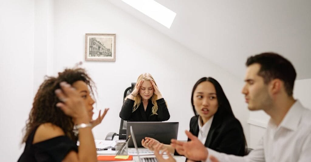 Colleagues in a heated discussion around a desk, highlighting workplace stress and tension.