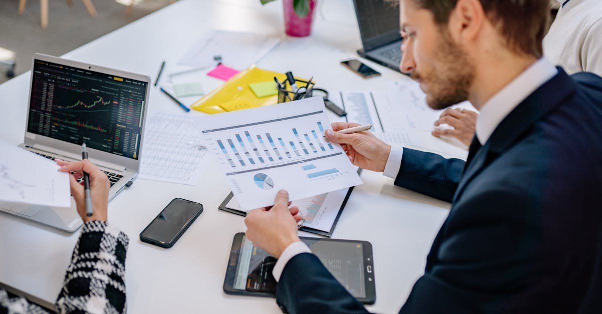 Business team reviewing graphs and data in an office setting.